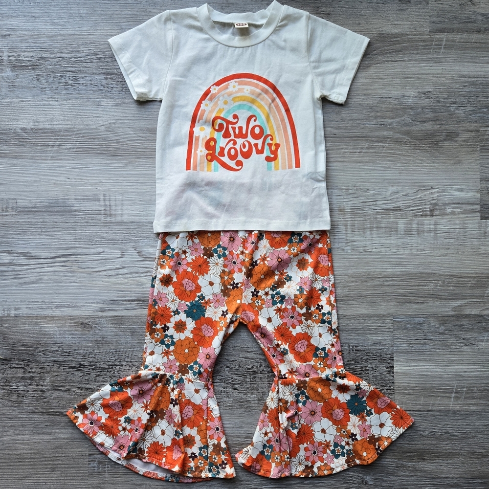 NWOT Toddler Girl "Two Groovy" Rainbow Floral Bell Bottom Set Size 2T